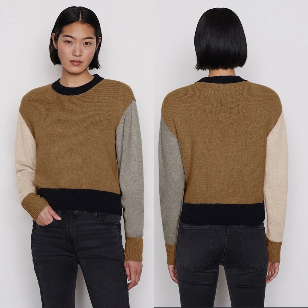 FRAME Tan Black Colorblock Cashmere Sweater XS |  Quiet Luxury Minimalist Knit